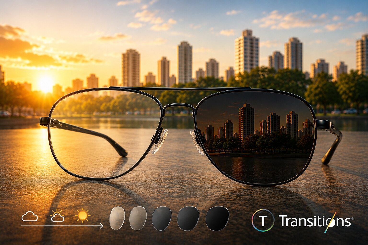 Óculos com lente Transitions mostrando a gradação de escurecimento conforme a luz do ambiente