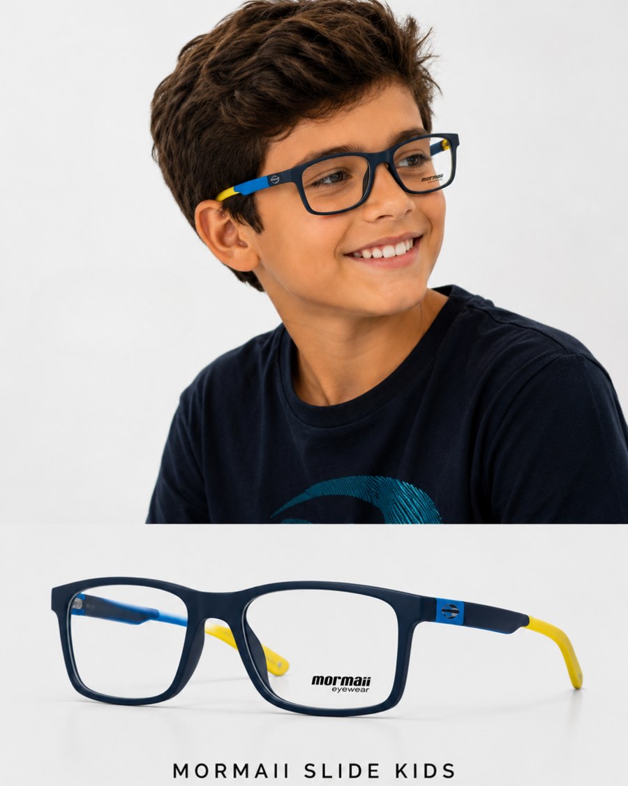 Armação infantil Mormaii Slide Kids azul e amarela, menino