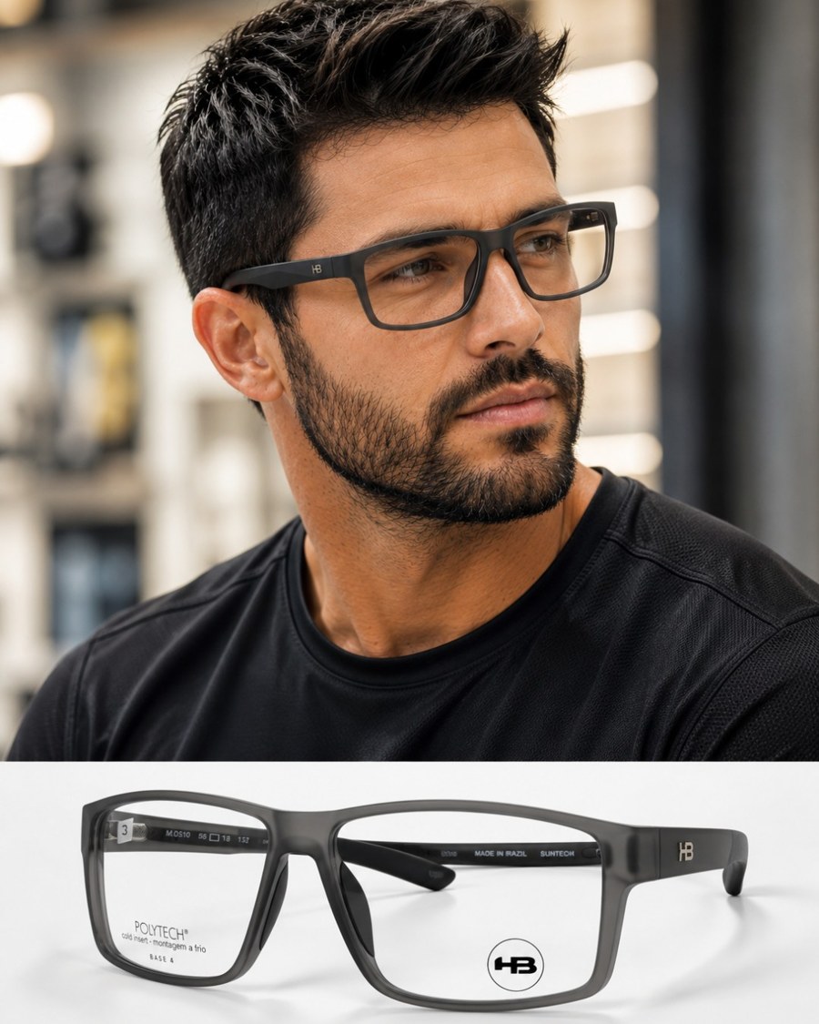 Armação de grau HB masculina cinza, estilo despojado