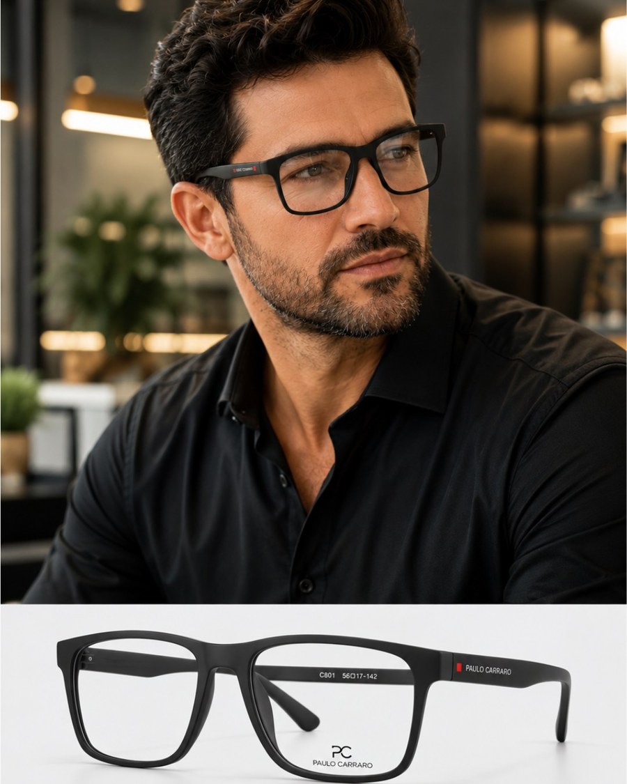 Armação de grau Paulo Carraro masculina preta, estilo clássico