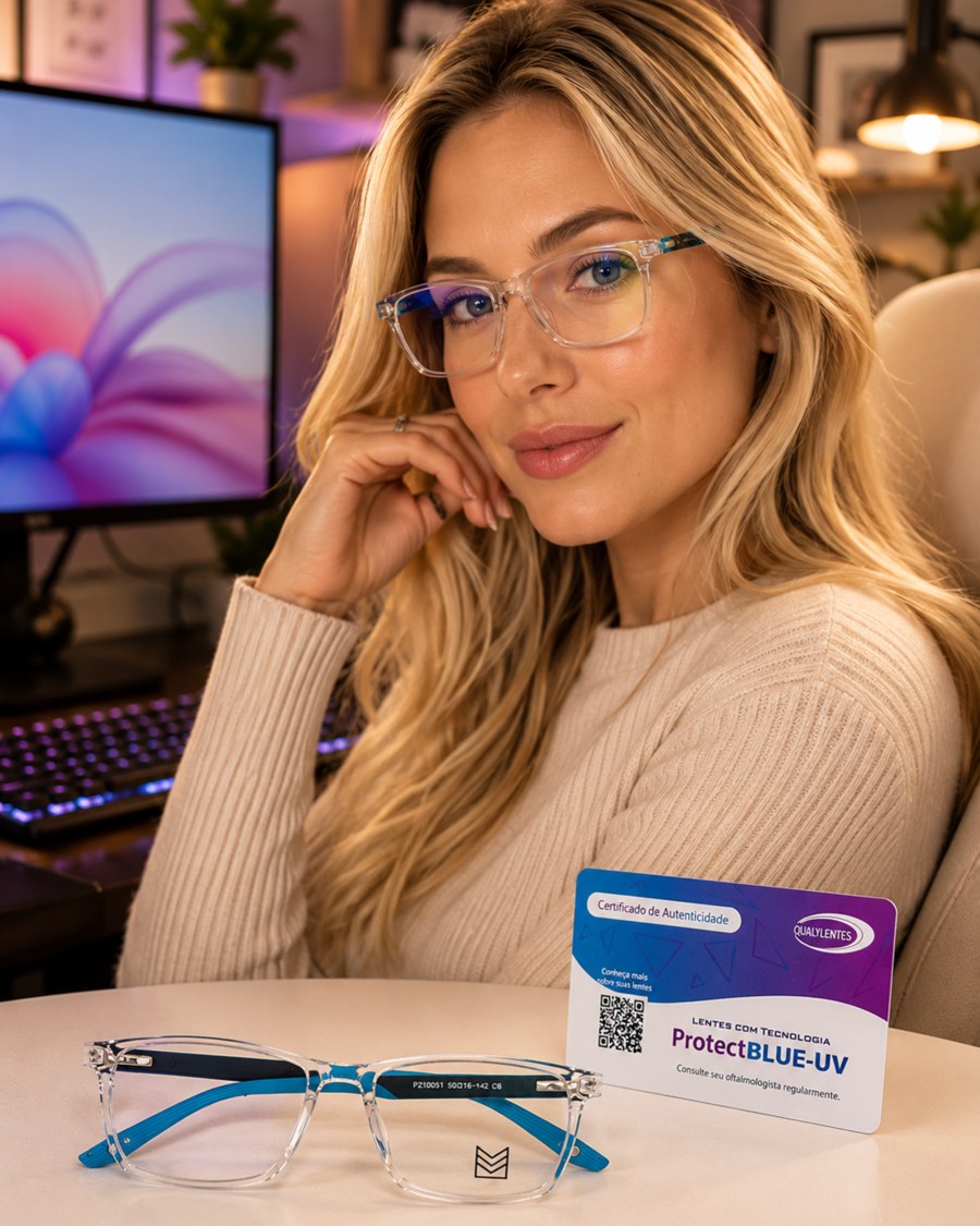 Armação Mix feminina transparente com detalhe azul-marinho e filtro de luz azul