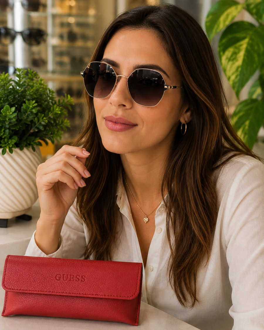 Óculos solar Guess feminino hexagonal dourado