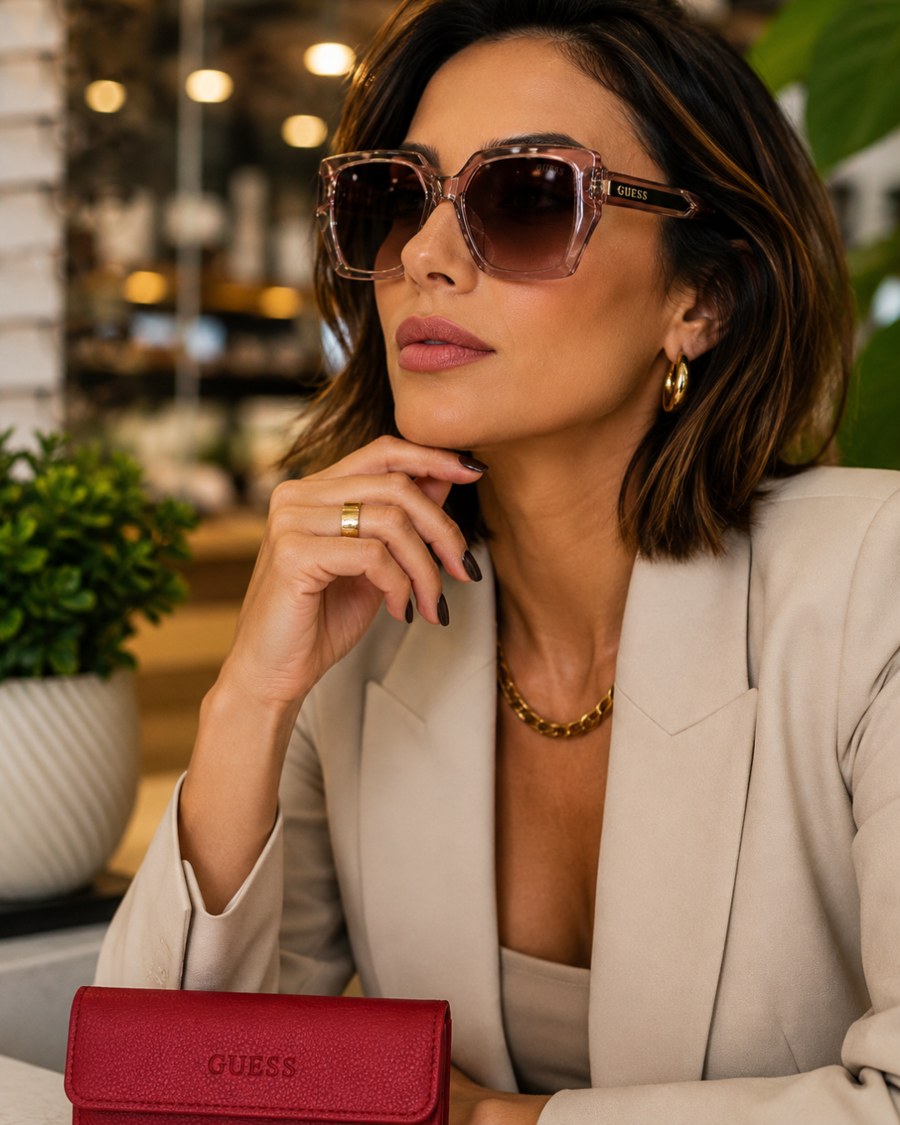 Óculos solar Guess feminino rosa translúcido oversized
